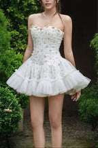 Irene Floral Print Strapless Tulle Mini Dress In White Flowering Girl