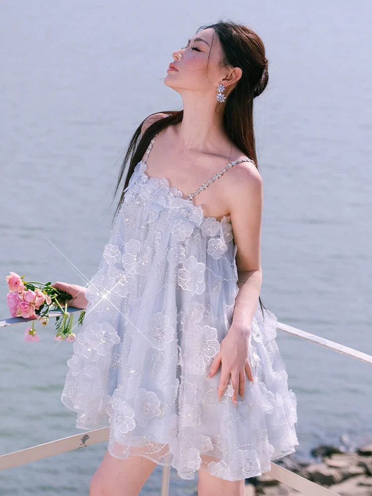 Tutu Light Blue Sleeveless Flower Diamond Short Doll Dress Flowering Girl