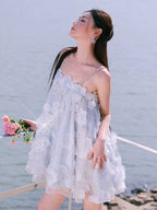 Tutu Light Blue Sleeveless Flower Diamond Short Doll Dress Flowering Girl