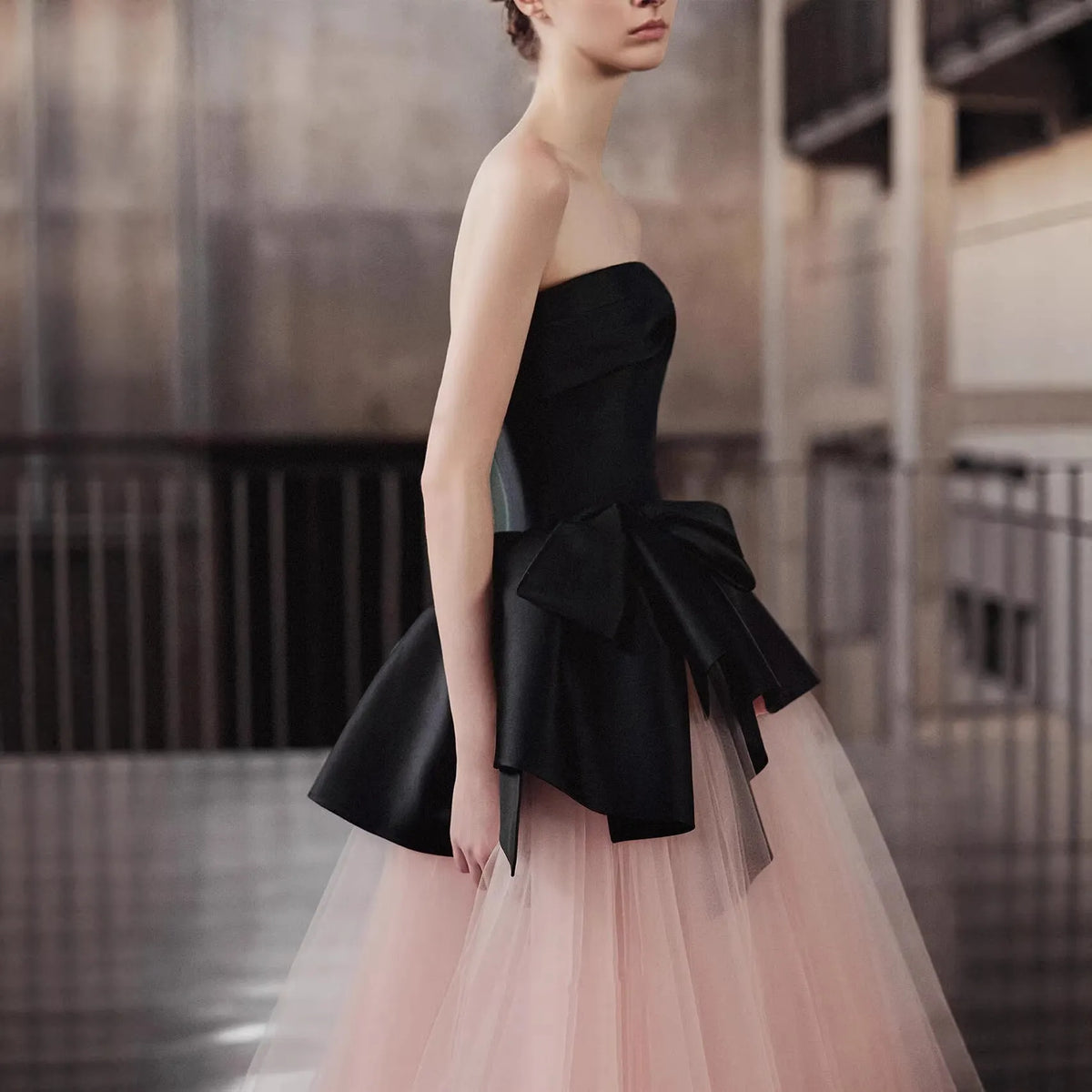 Strapless Satin Big Bow Contrast Pink Tulle Ball Gown Flowering Girl
