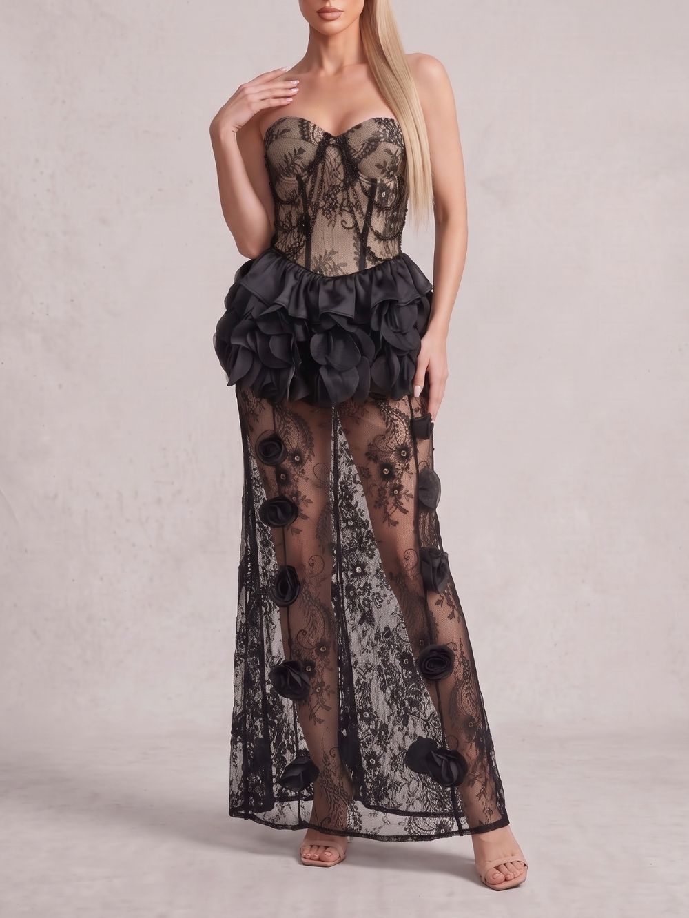 Strapless Petal Detail Lace Maxi Dress Black Flowering Girl