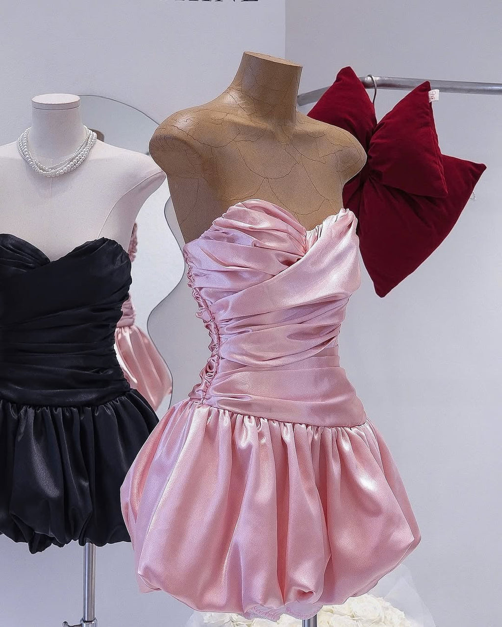 Balloon Draped Strapless Mini Dress In Pink Flowering Girl