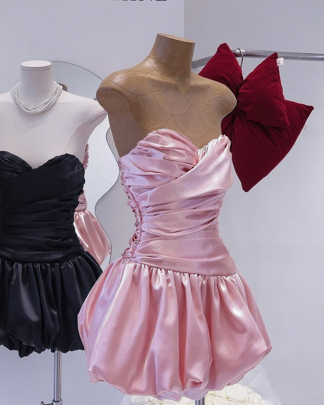 Balloon Draped Strapless Mini Dress In Pink Flowering Girl