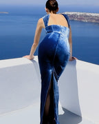 josephine off-shoulder velvet sash gown in blue Flowering Girl