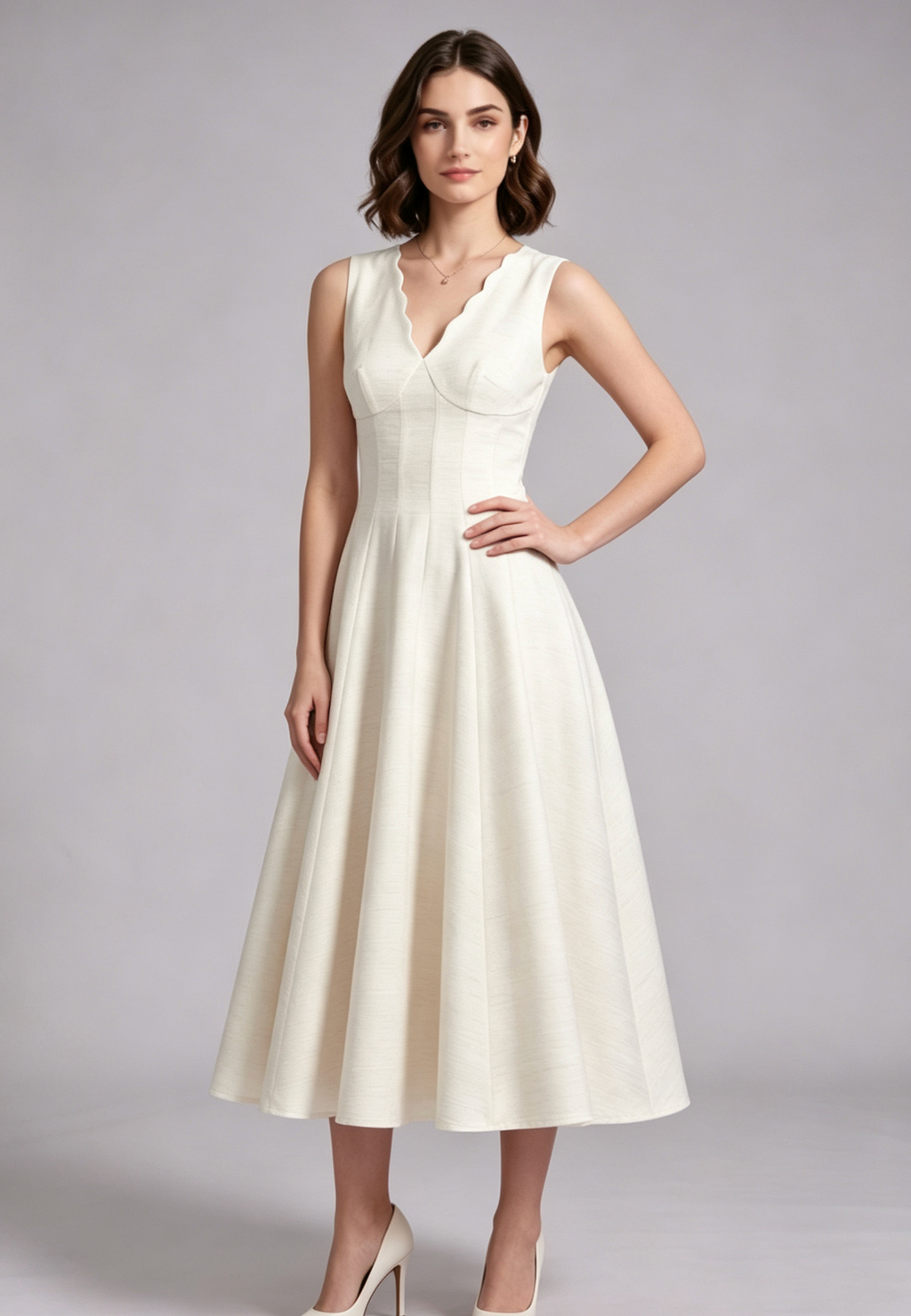 Ivory Textured Woven A-Line Midi Dress with Back Bow Flowering Girl