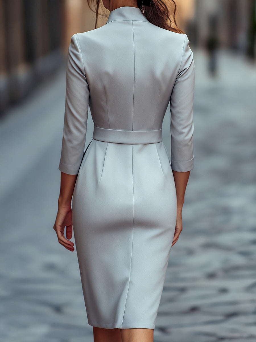 Refined Black Belted Sheath Dress With Mandarin Collar Flowering Girl