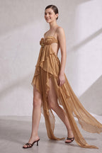 Gold Sheer Chiffon Asymmetrical High-Low Draped Dress with Open Back Flowering Girl