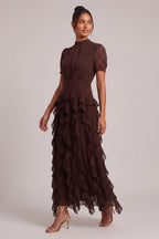 Brown Polka Dot Tiered Ruffle Midi Dress Flowering Girl