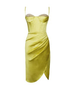 Lemon Yellow Pleated Satin Mini Dress Flowering Girl