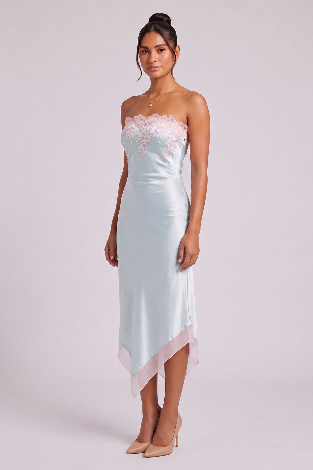 Pale Blue Satin Sheath Dress with Pink Lace Trim Flowering Girl