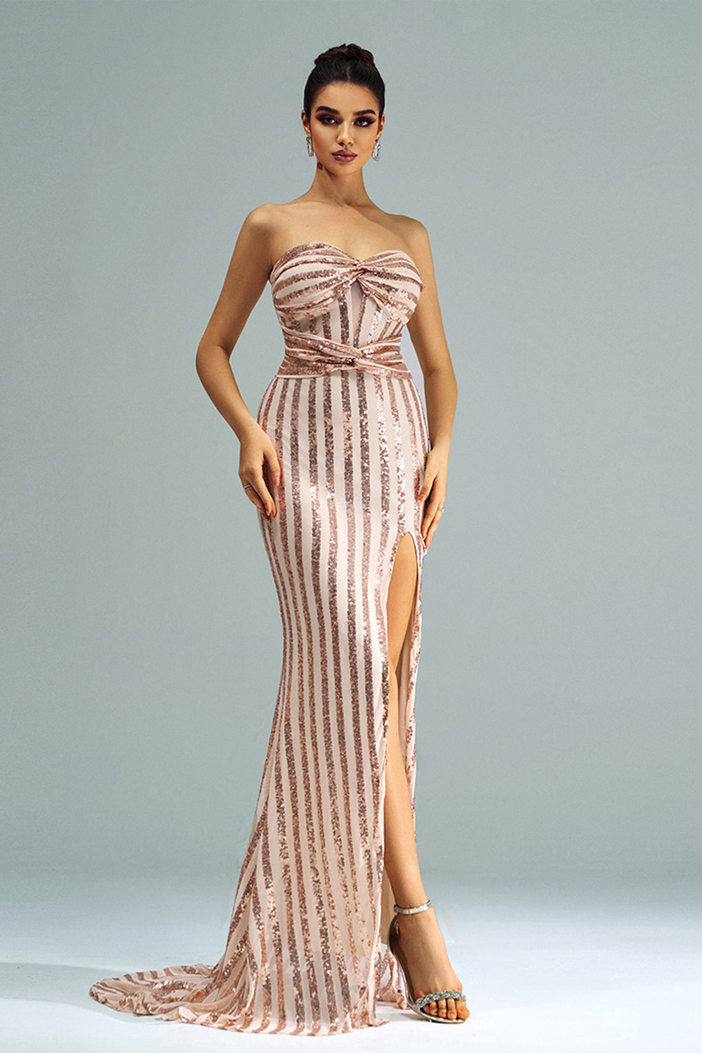 Apricot Mermaid Strapless Sequined Split Maxi Dress Flowering Girl