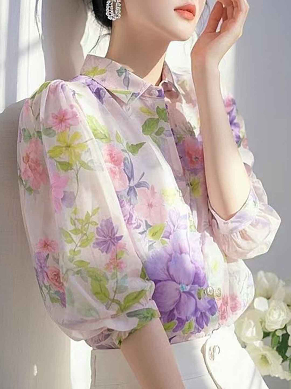 Josephine Lapel Floral Printed Chiffon Blouse Flowering Girl