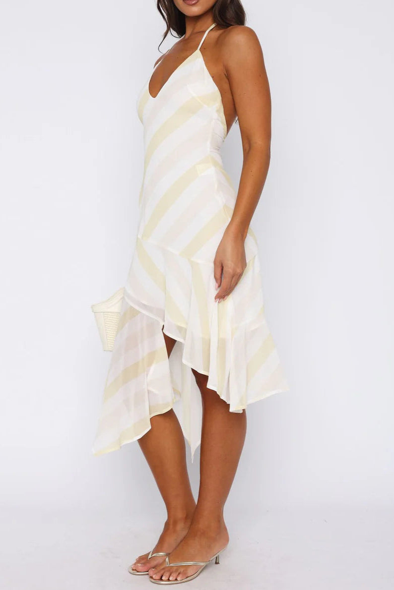 Backless Citrus Stripe Midi Dress In Ivory Flowering Girl