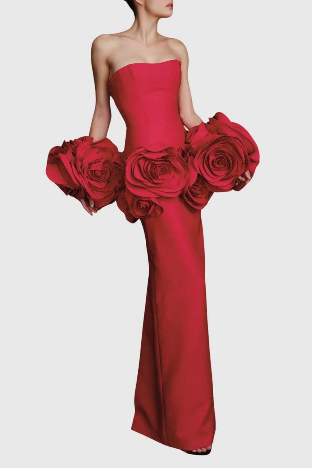 Sherise Floral Appliqué Strapless Maxi Bandage Dress - Red Flowering Girl