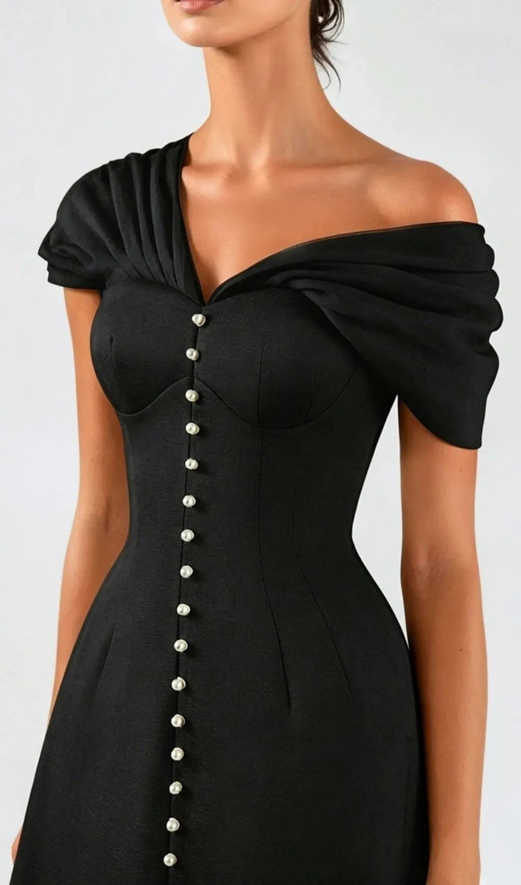 Luzasa Off Shoulder Buttoned Mini Dress - Black Flowering Girl