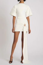 Draped Embellished Mini Dress - White Flowering Girl