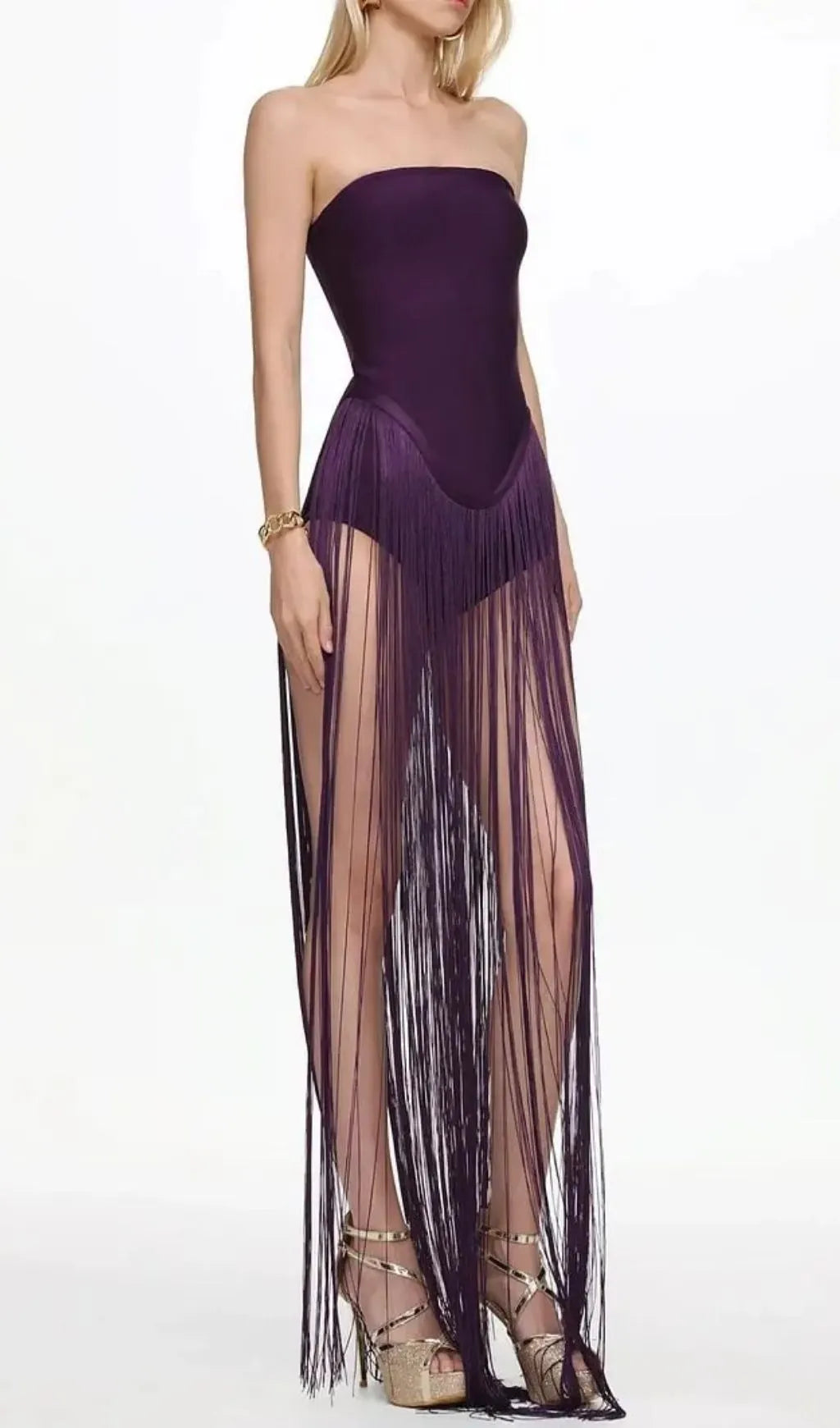 Helen Bodysuit Fringe Strapless Mini Dress In Purple Flowering Girl