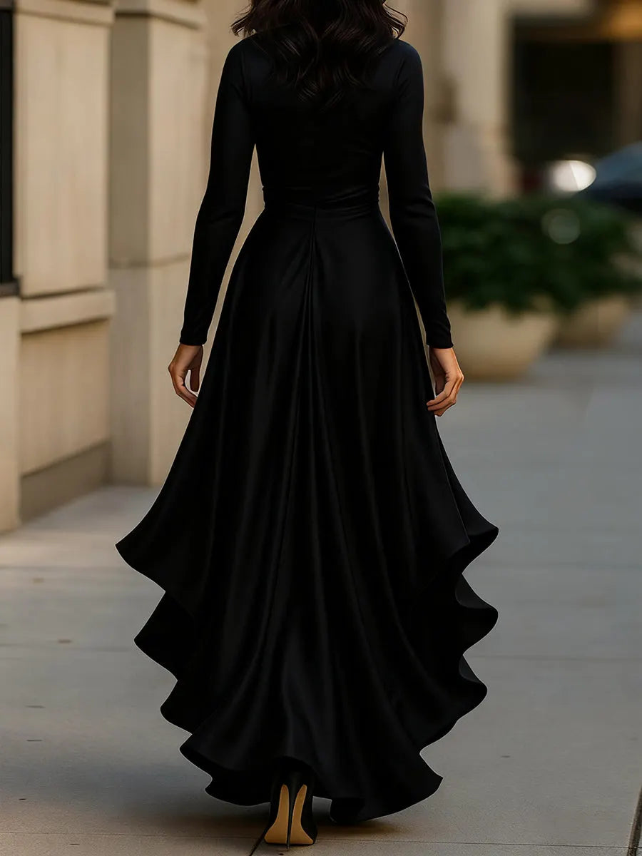 Midnight Blue Draped Satin Maxi Dress With Ruffle Details Flowering Girl