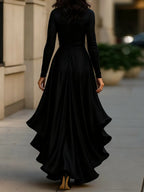 Midnight Blue Draped Satin Maxi Dress With Ruffle Details Flowering Girl