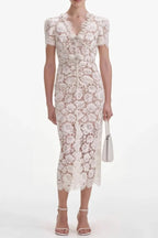 Crystal Bow Detailed V Neck Lace Midi Design Dress Flowering Girl