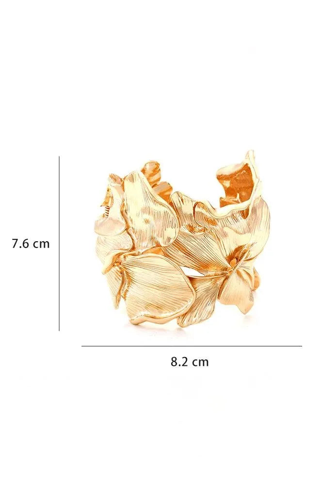 3D Textured Floral Wide Open Cuff Gold Bangle Flowering Girl