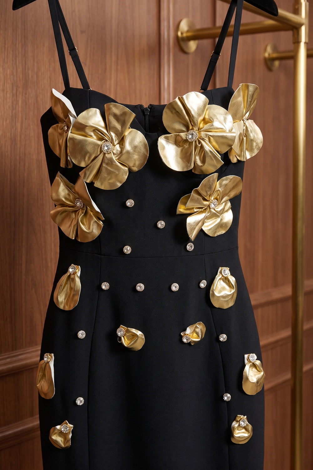 Black Heavy Crepe Column Dress with 3D Metallic Gold Flowers Flowering Girl