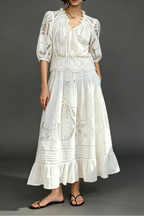 White Eyelet Lace Tiered Maxi Dress With Puff Sleeves Flowering Girl