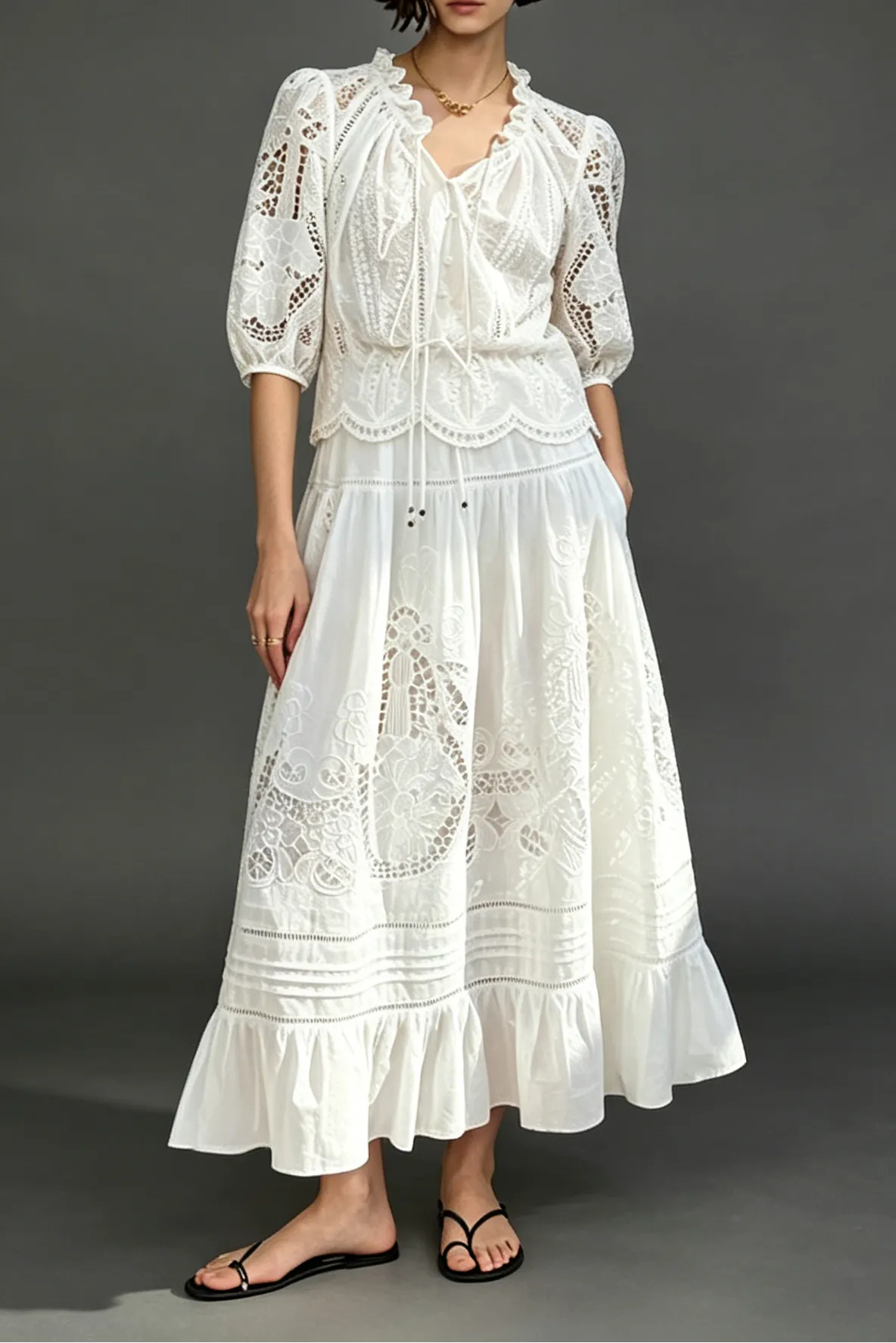 White Eyelet Lace Tiered Maxi Dress With Puff Sleeves Flowering Girl