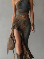 Ethnic-Style Printed One-Shoulder Maxi Dress with High Slit Flowering Girl