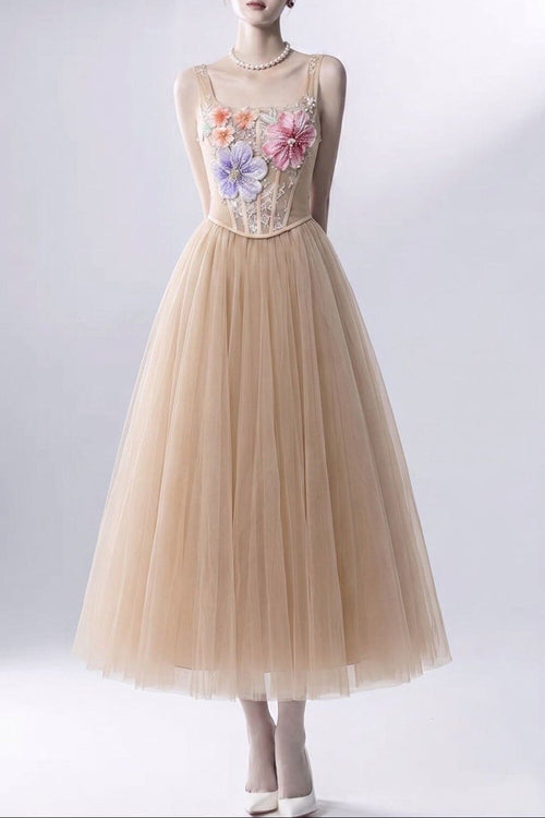 3D Floral Camisole Top & Tulle Skirt Set - Champagne Flowering Girl