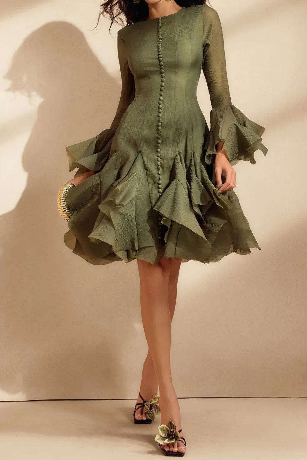 Xanthe Flare Sleeve Button Mini Dress In Green Flowering Girl