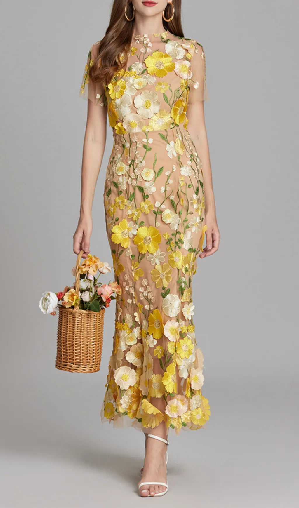 Carol Yellow Floral Embroidery Mesh Fishtail Midi Dress Flowering Girl