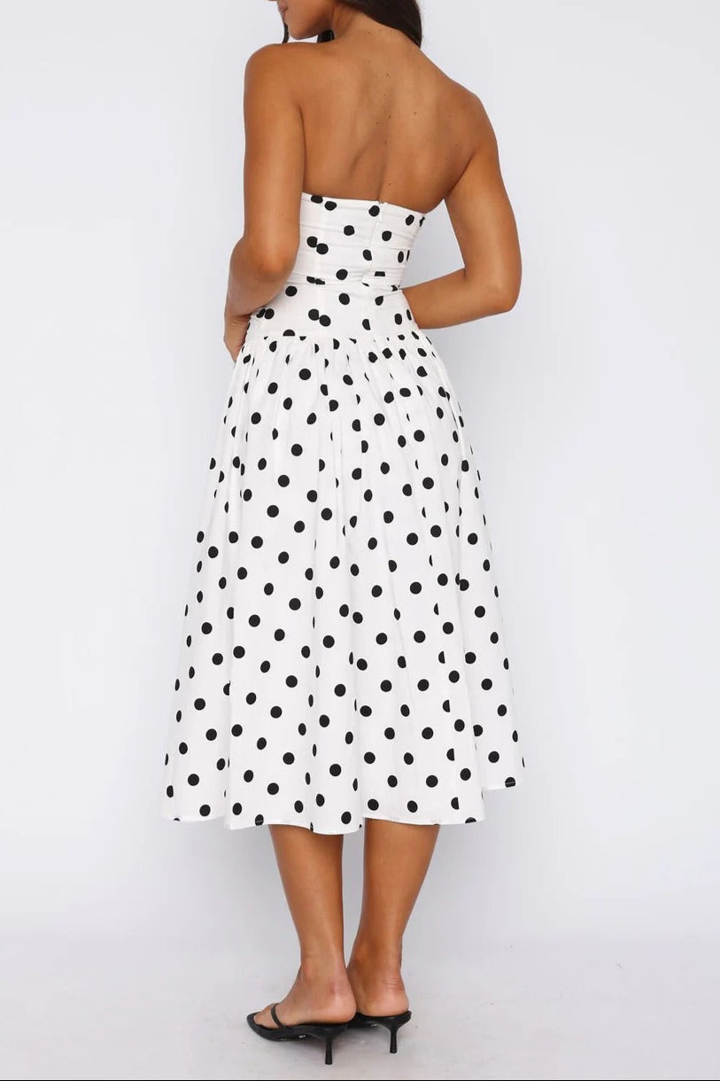 Sandra Polka Dot Strapless Midi Dress In White Flowering Girl