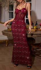 Carol Red Sequin Fringe Maxi Dress Flowering Girl