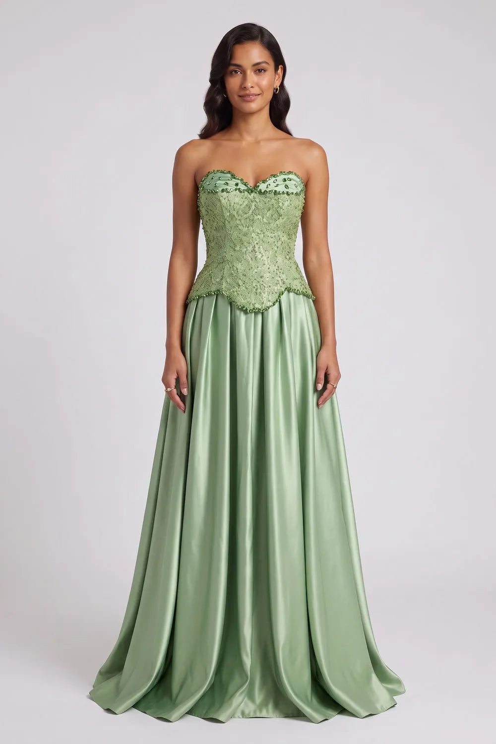 Sage Green Strapless Floor-Length Gown with Embellished Bodice Flowering Girl