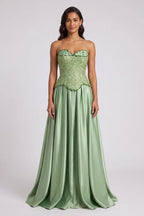 Sage Green Strapless Floor-Length Gown with Embellished Bodice Flowering Girl
