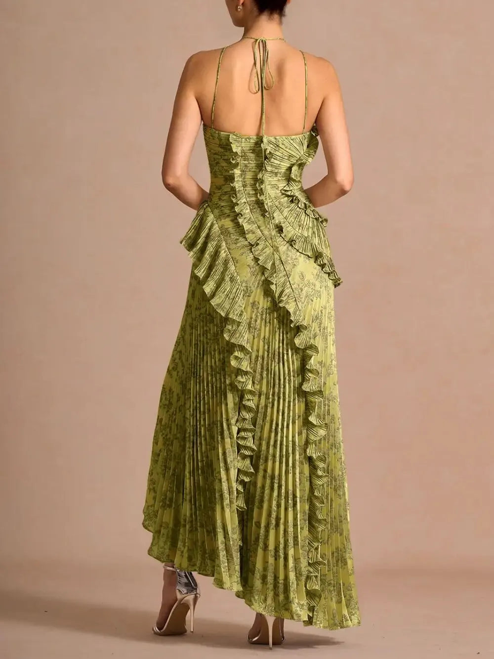 Finneas Olive Green Halter Pleated Maxi Dress Flowering Girl