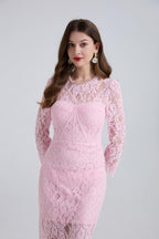 Bernice Rhinestone Fishbone Lace Midi Dress In Pink Flowering Girl
