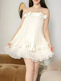 Mallika White Spaghetti Bow Pleated Mini Dress Flowering Girl