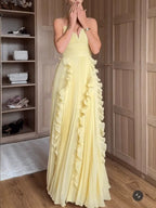 Marvene Spaghetti V-Neck Ruffle Pleated Maxi Dress Flowering Girl