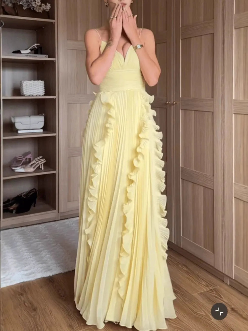 Marvene Spaghetti V-Neck Ruffle Pleated Maxi Dress Flowering Girl