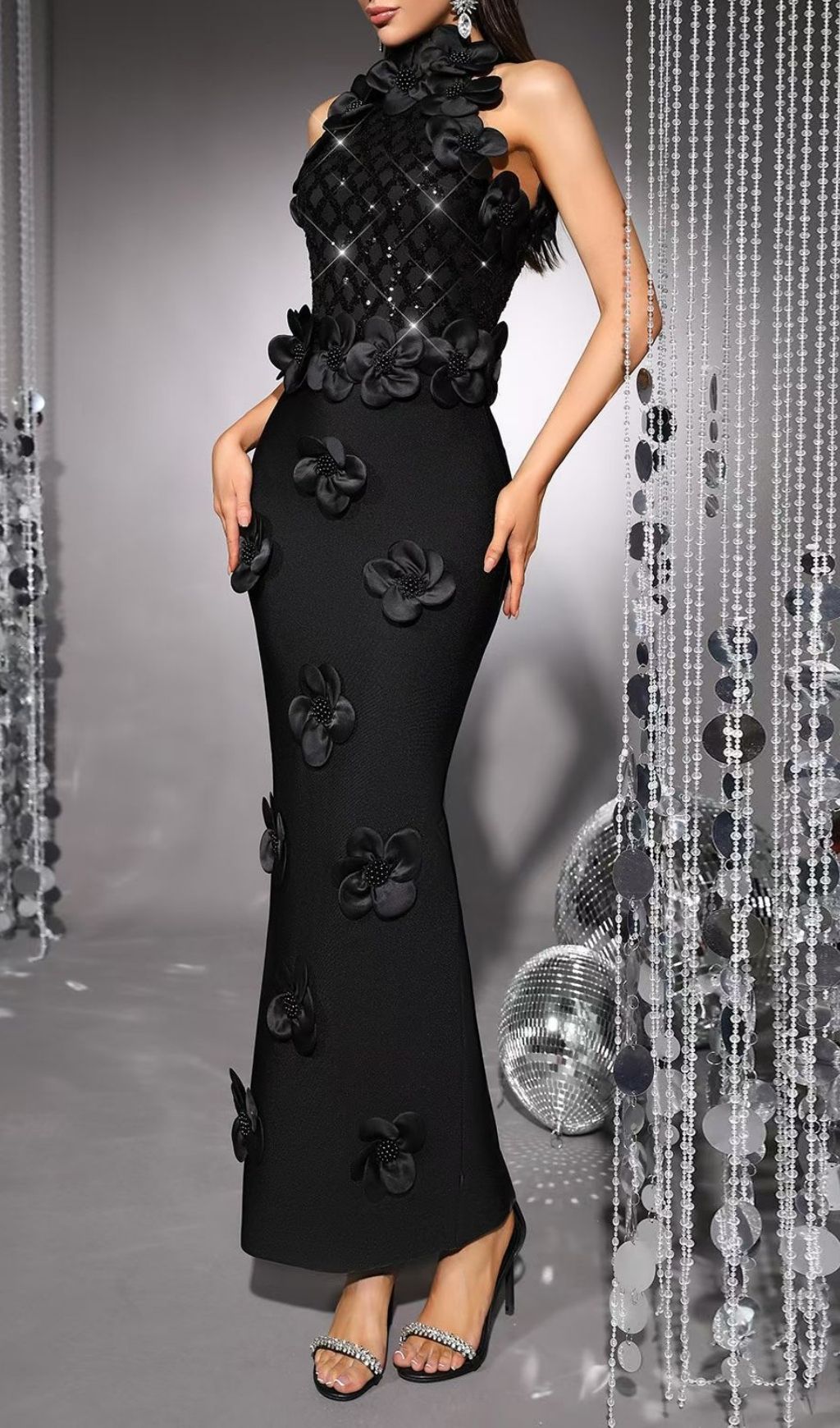 Kendi Black Halter Flower Sequin Bandage Maxi Dress Flowering Girl