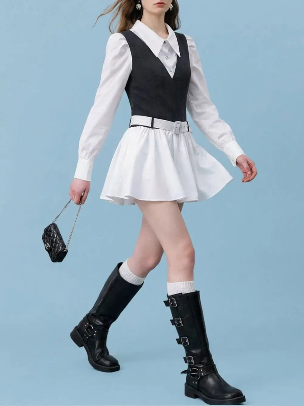 Qoryndal Long Sleeve Mini Dress With Belt Flowering Girl