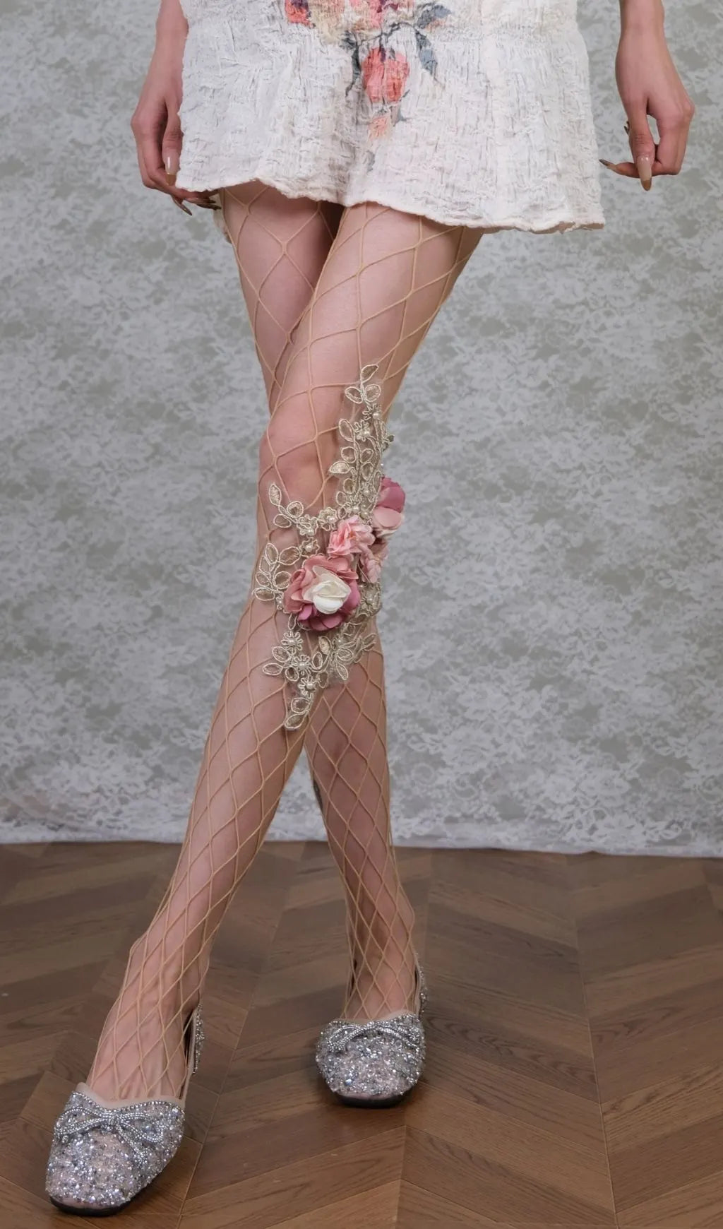Floral Embroidered Tights With 3D Flowers & Pearls Flowering Girl