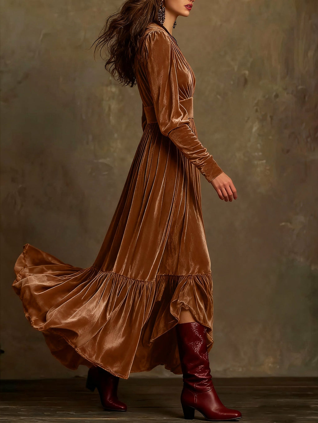 Retro High-End V-Neck Velvet Ruffle Large Swing Dress Flowering Girl