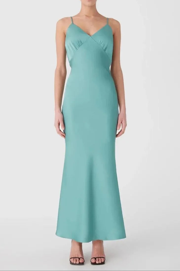 Vida Satin Midi Dress in Juniper Green Flowering Girl