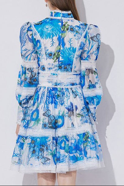 Sabrina Lace-Paneled Printed Lantern Sleeves Mini Dress In Blue Flowering Girl