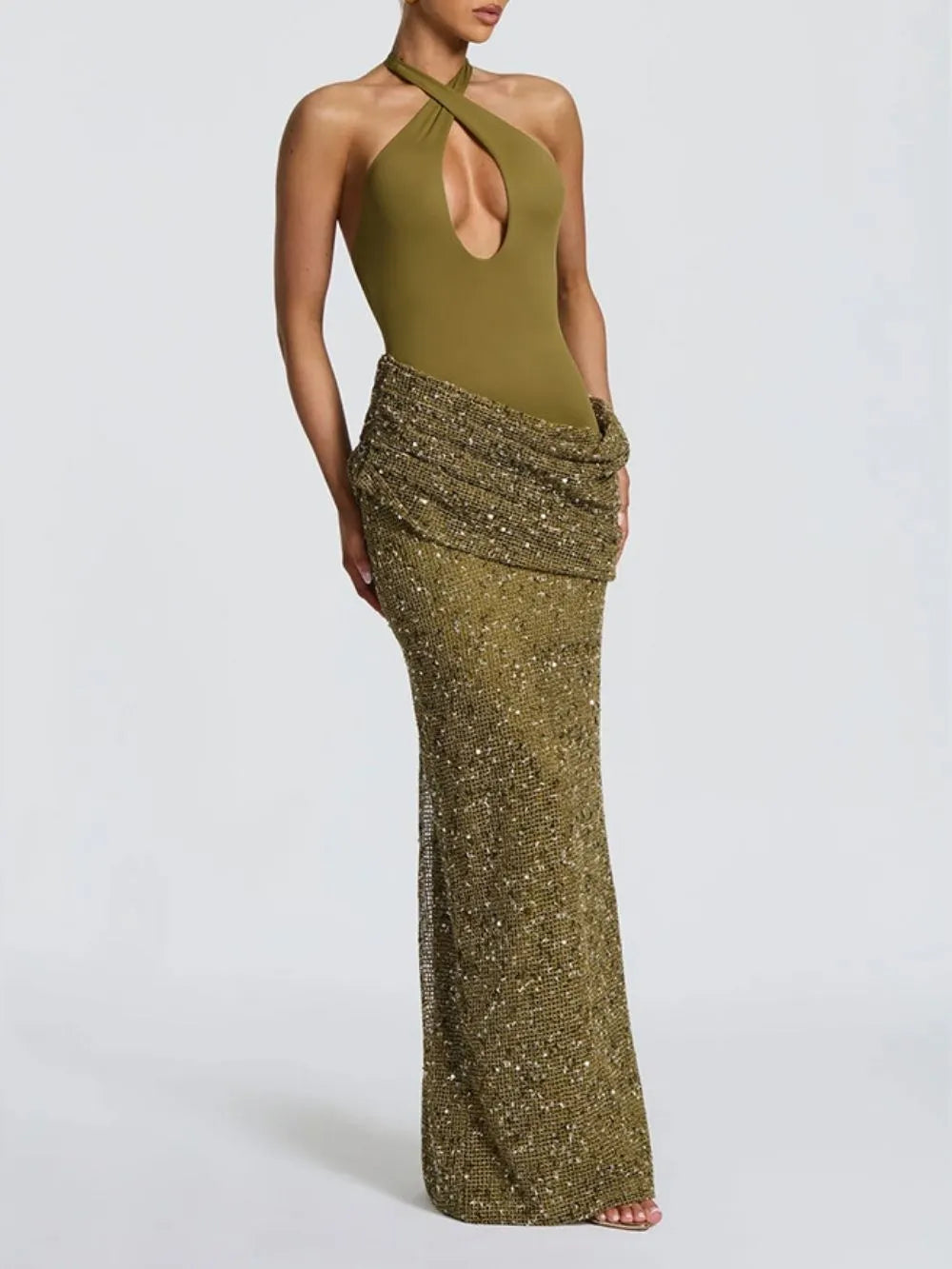 Matat Green Halter Sequin Maxi Dress Flowering Girl