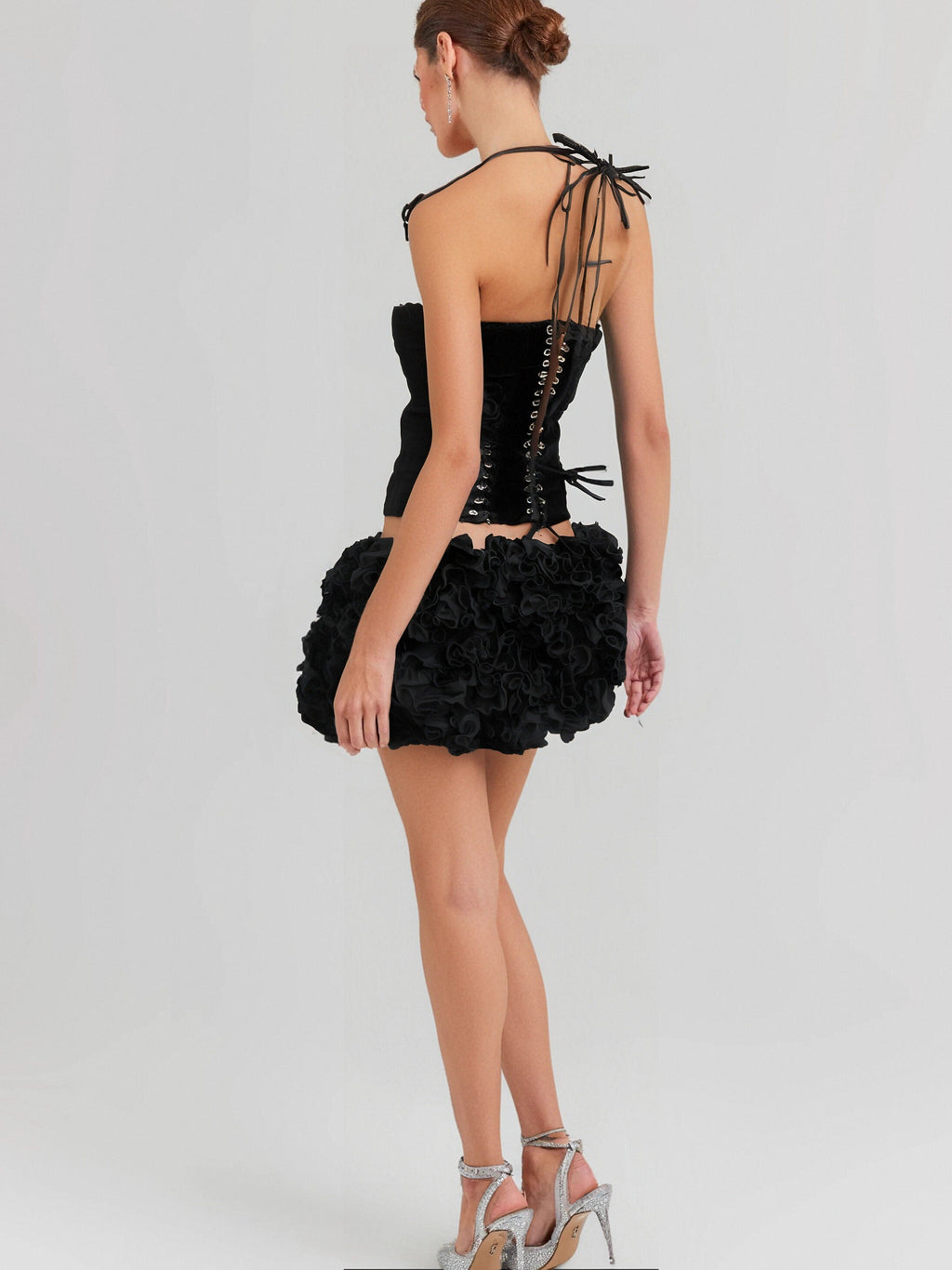 Velvet Corset Floral Mini Skirt Suit In Black Flowering Girl