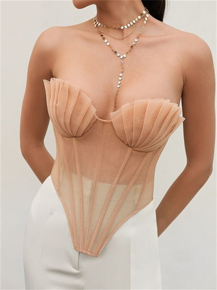 Shell Mesh Lace Up Corset Top In Beige Flowering Girl